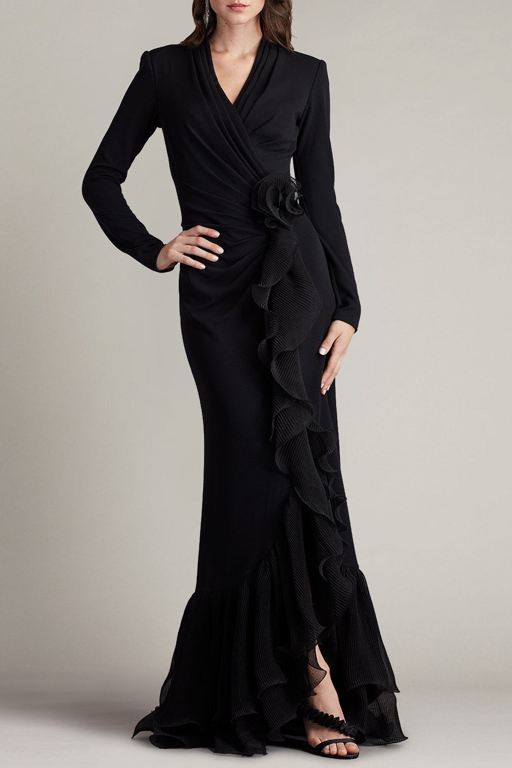 06a_bos24382l_black_front JOYCE BLACK RUFFLED MIDI DRESS, HIGH SLIT KNIT