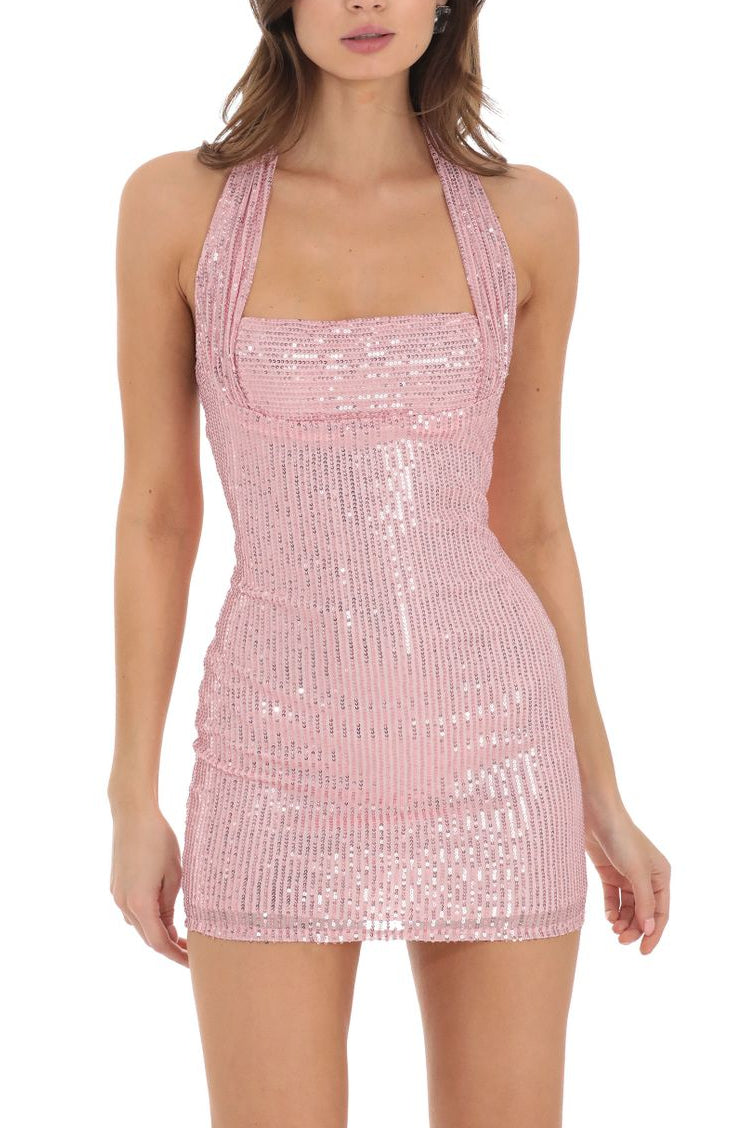 VIRGINIA PINK SEQUIN HALTER BACKLESS MINI DRESS