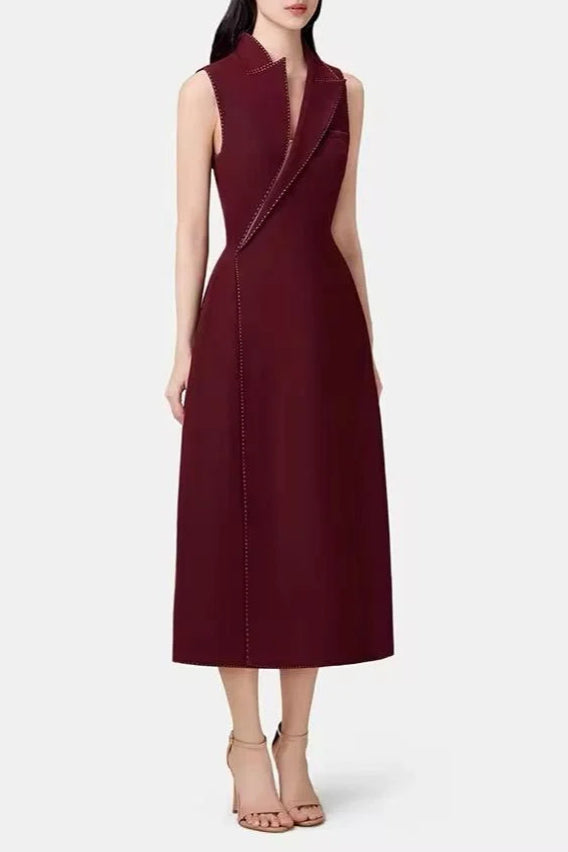 ASYMMETRIC COLLAR RED MIDI BLAZER DRESS