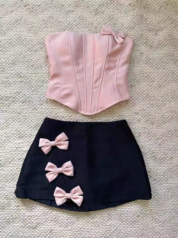 STRAPLESS BOW CROP TOP & SKIRT SET FOR PARTY