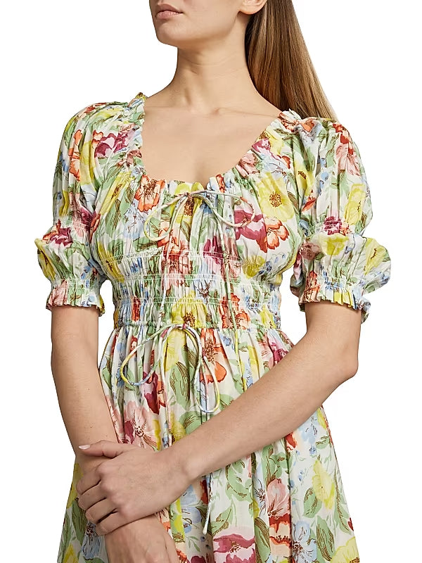 TOBEY ISCHIA FLORAL SMOCKED MIDI DRESS