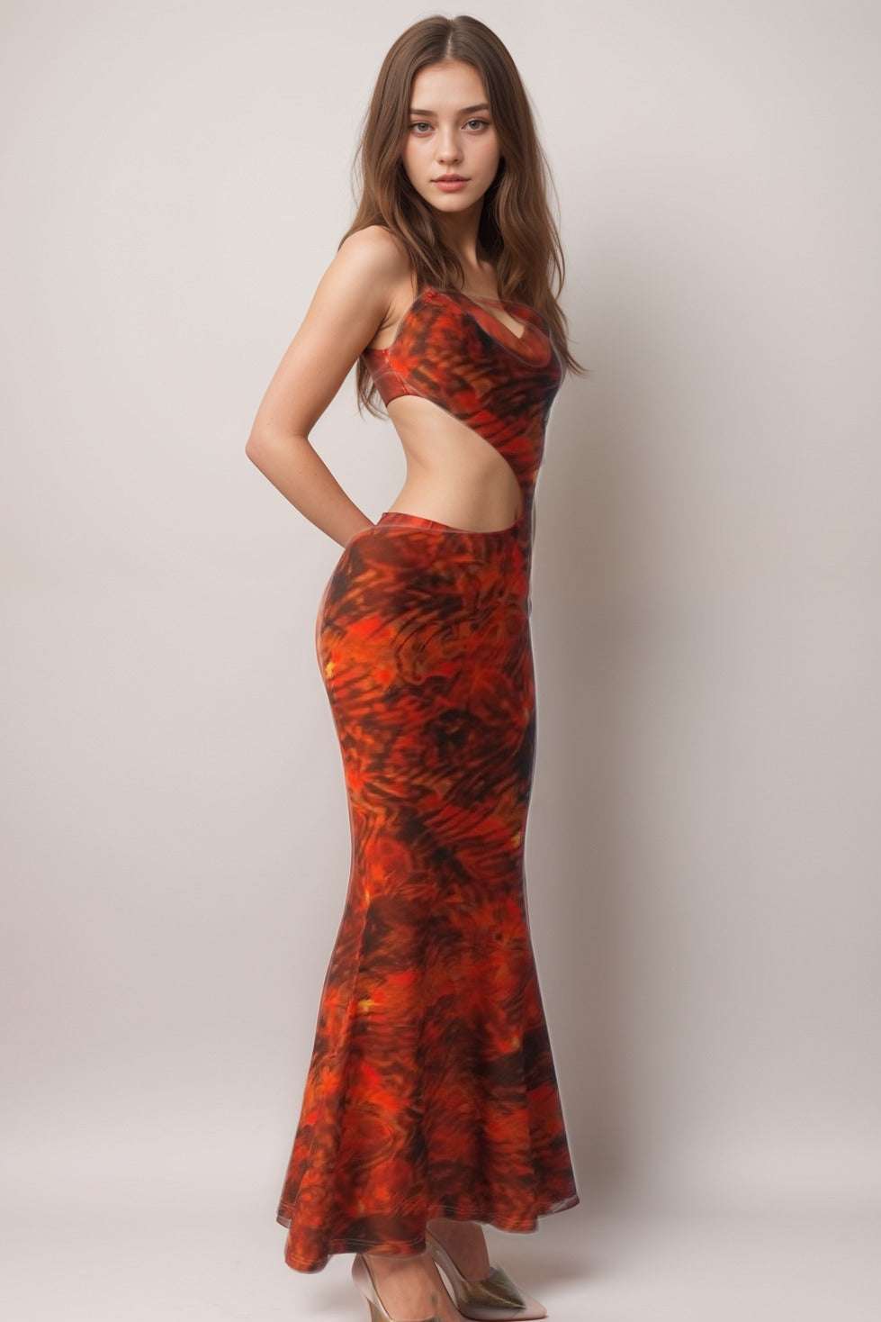 CUT OUT PRINTED MAXI DRESS ORANGE