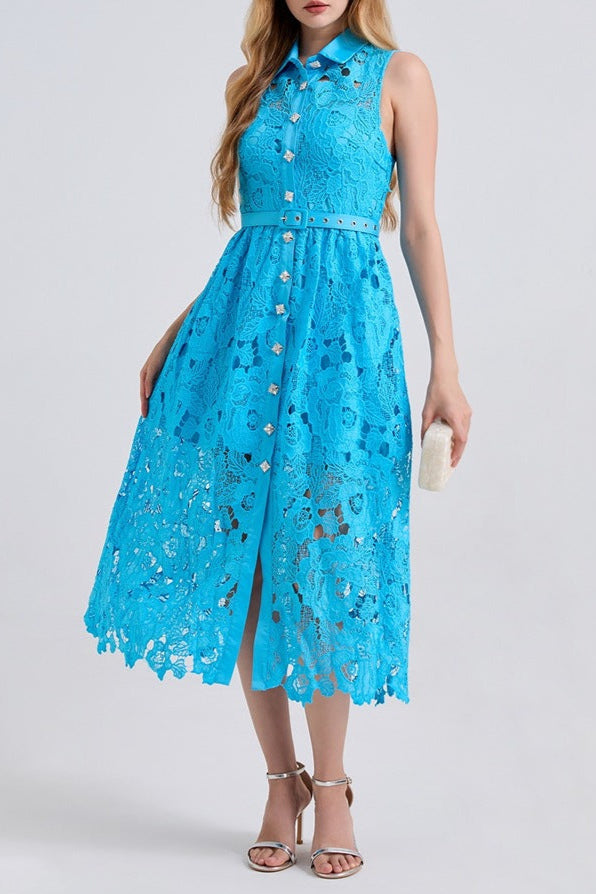 COLLAR SLEEVELESS HIGH WAIST BLUE SLIM DRESS