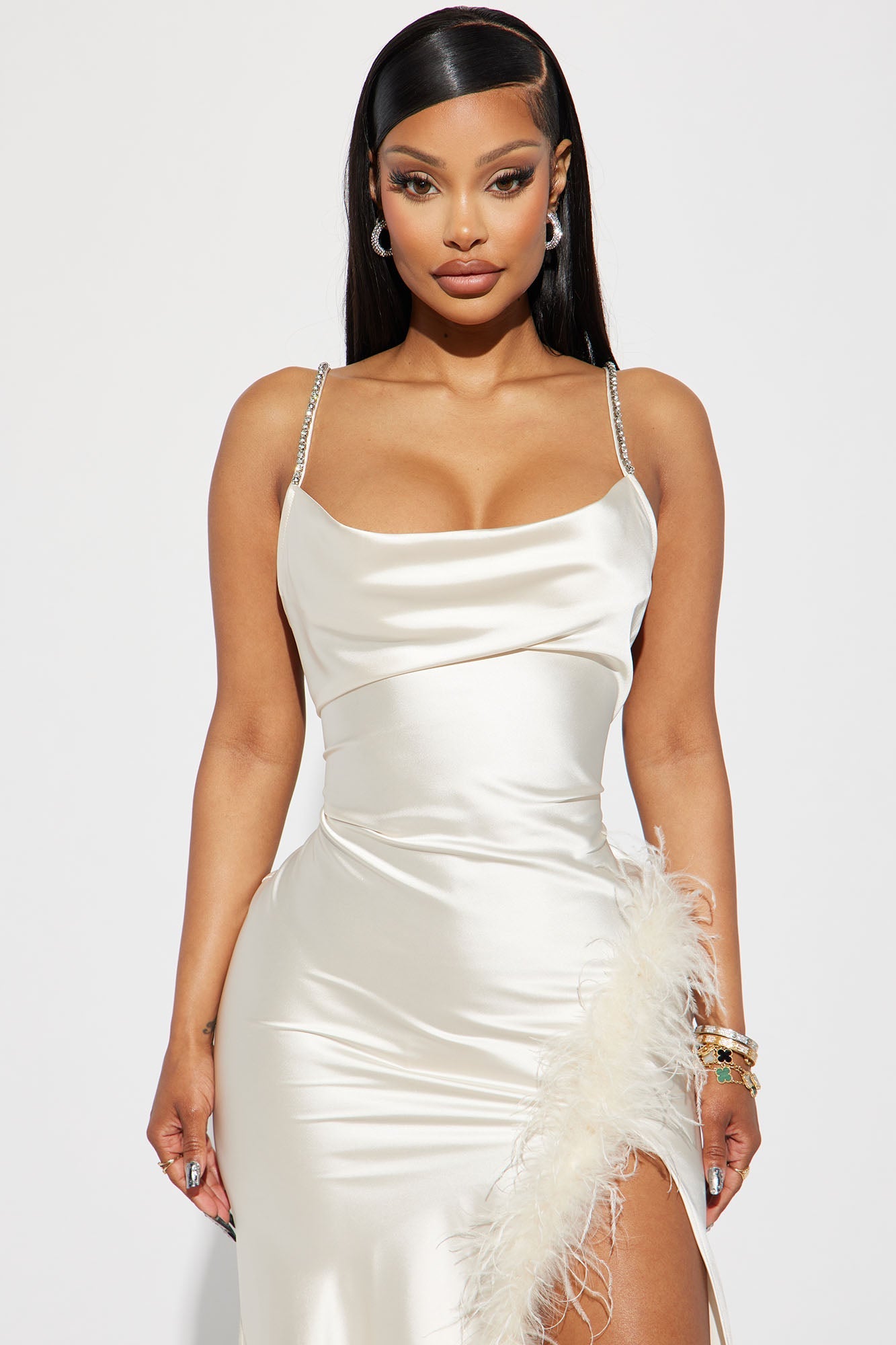 ISABELLA FEATHER TRIM SATIN GOWN CREAM