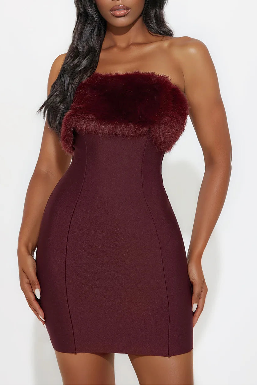 BURGUNDY FUR TRIM BANDAGE MINI DRESS, PARTY NIGHT