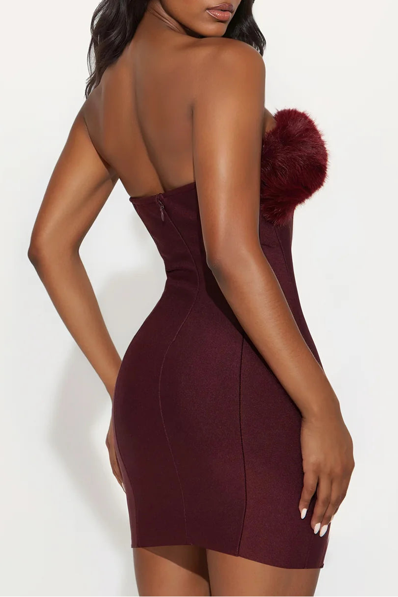 BURGUNDY FUR TRIM BANDAGE MINI DRESS, PARTY NIGHT