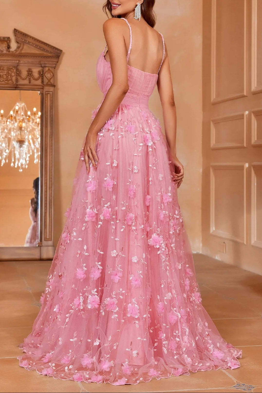 ELEGANT PLUNGING MESH FLORAL PARTY CAMI DRESS
