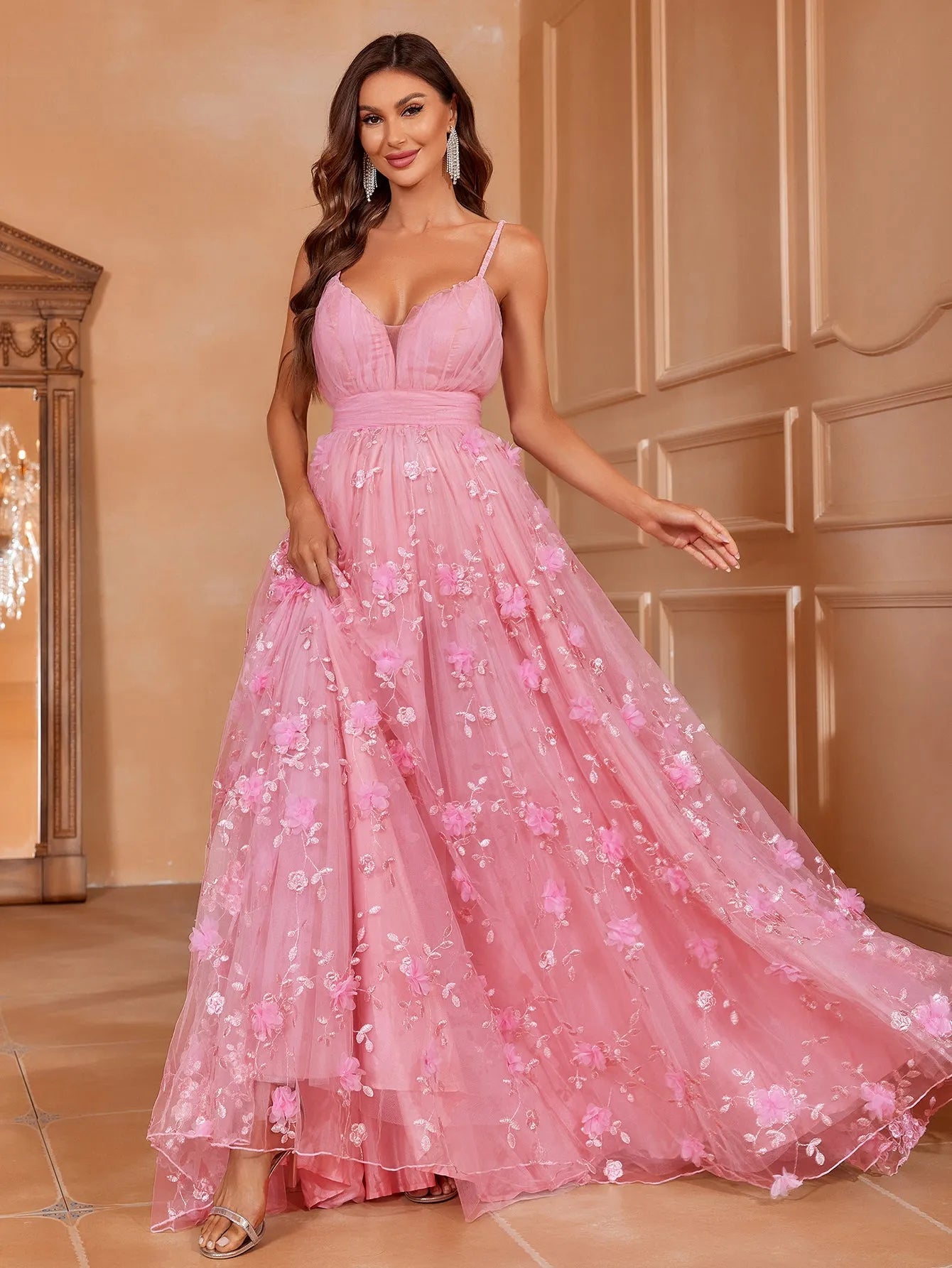 ELEGANT PLUNGING MESH FLORAL PARTY CAMI DRESS