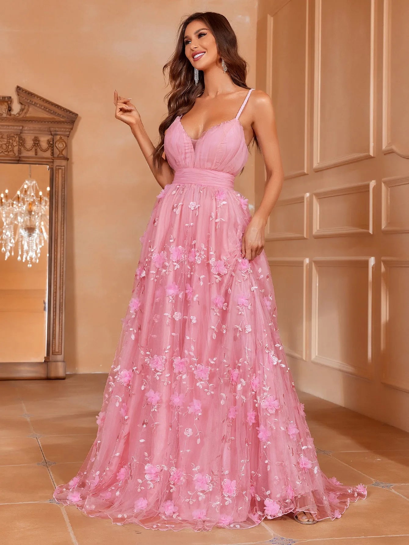 ELEGANT PLUNGING MESH FLORAL PARTY CAMI DRESS