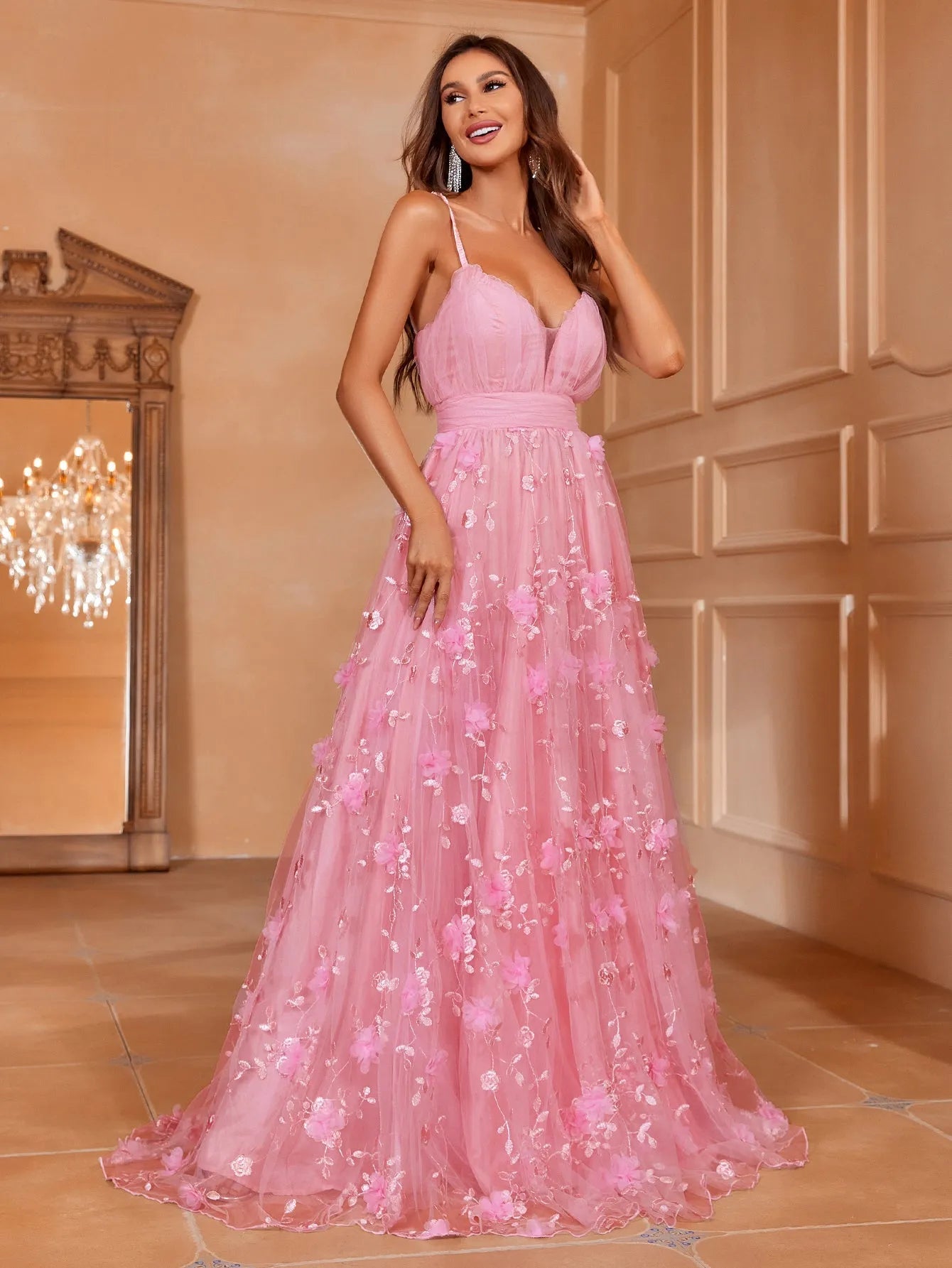 ELEGANT PLUNGING MESH FLORAL PARTY CAMI DRESS