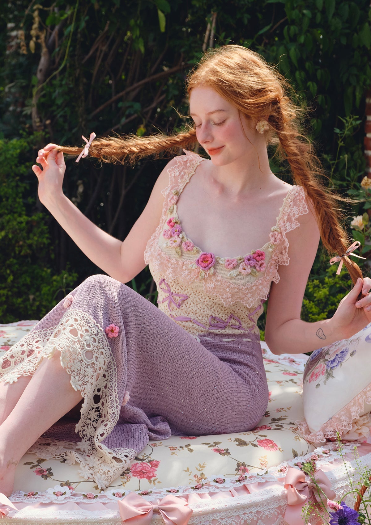 CELESTE CROCHET FLOWER MIDI DRESS, PURPLE