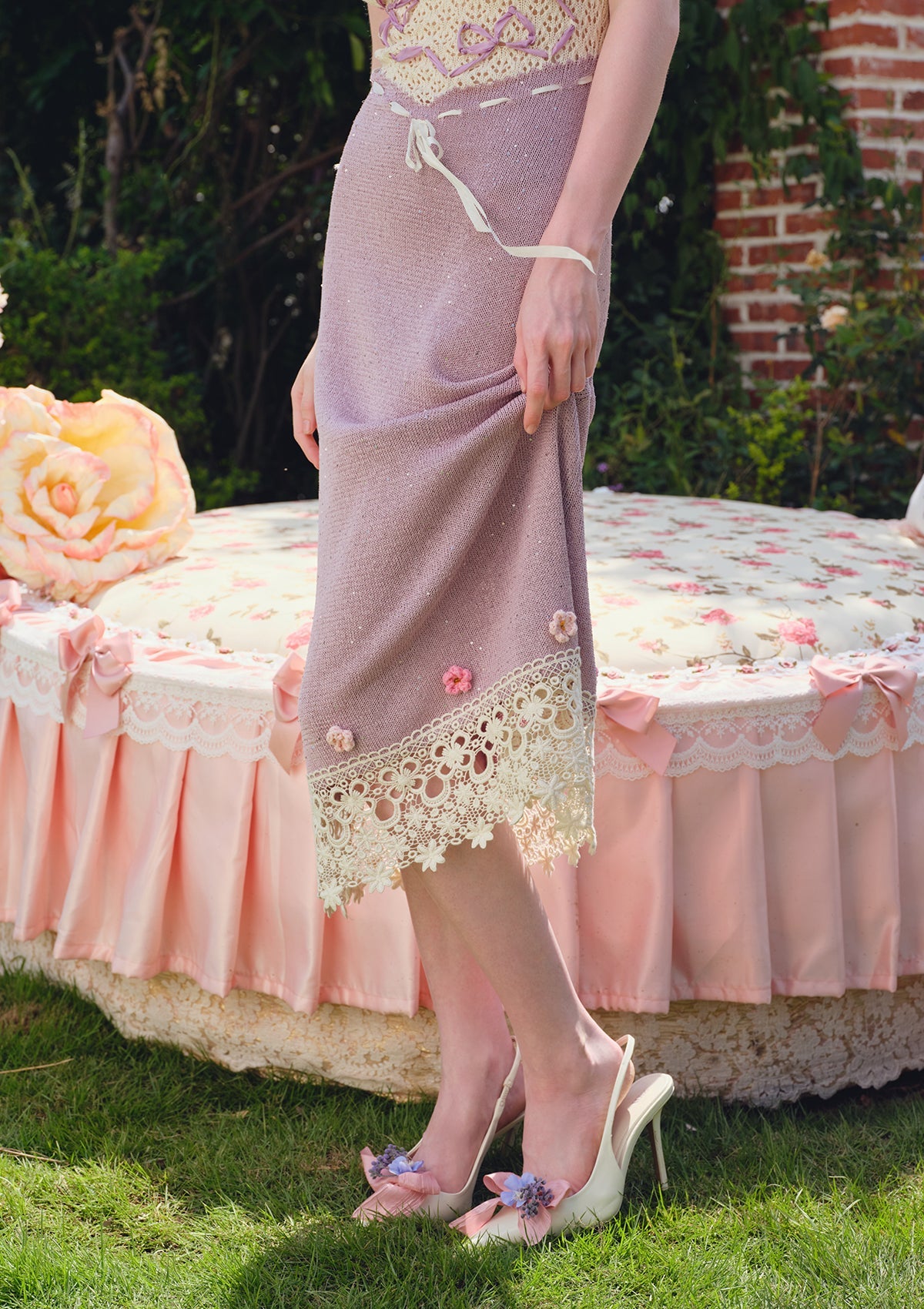 CELESTE CROCHET FLOWER MIDI DRESS, PURPLE