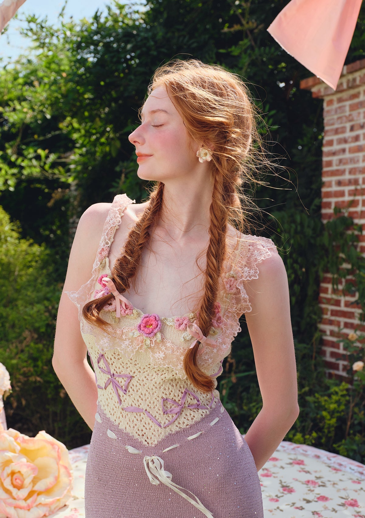 CELESTE CROCHET FLOWER MIDI DRESS, PURPLE