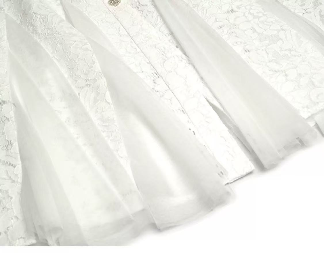 WHITE LACE V-NECK BELTED MIDI TULLE DRESS