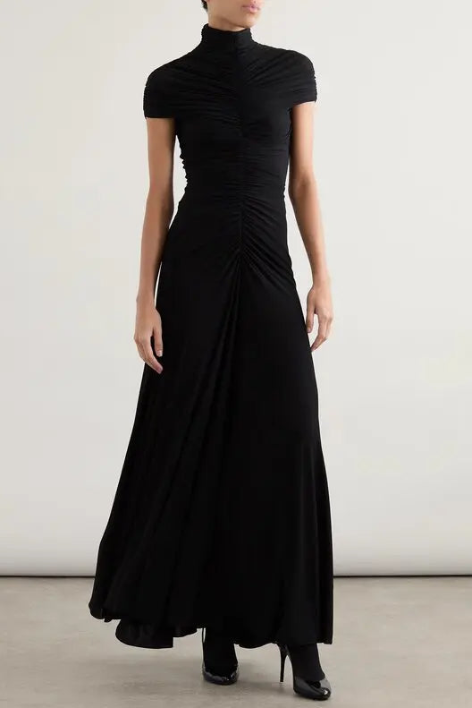 LILLIAN GATHERED HIGH-NECK MAXI DRESS BLACK