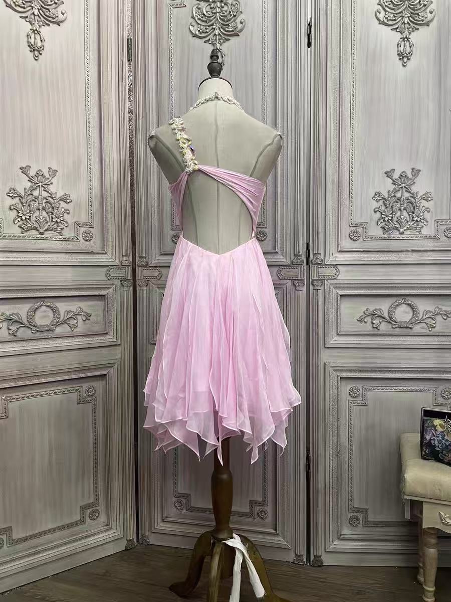 ONE-SHOULDER CRYSTAL CHIFFON PARTY DRESS