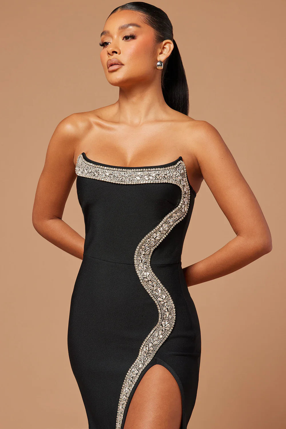 BLACK AMBER BANDAGE GOWN, BODYCON EVENING DRESS
