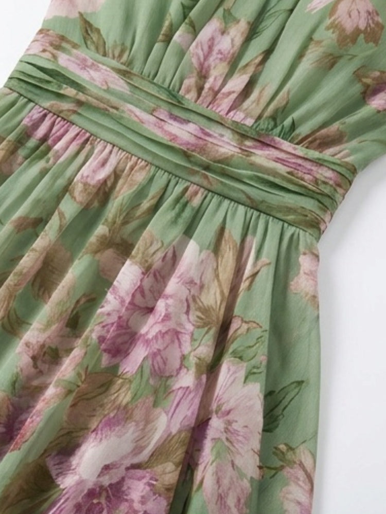 POLLY GREEN FLORAL CHIFFON HALTER MAXI DRESS
