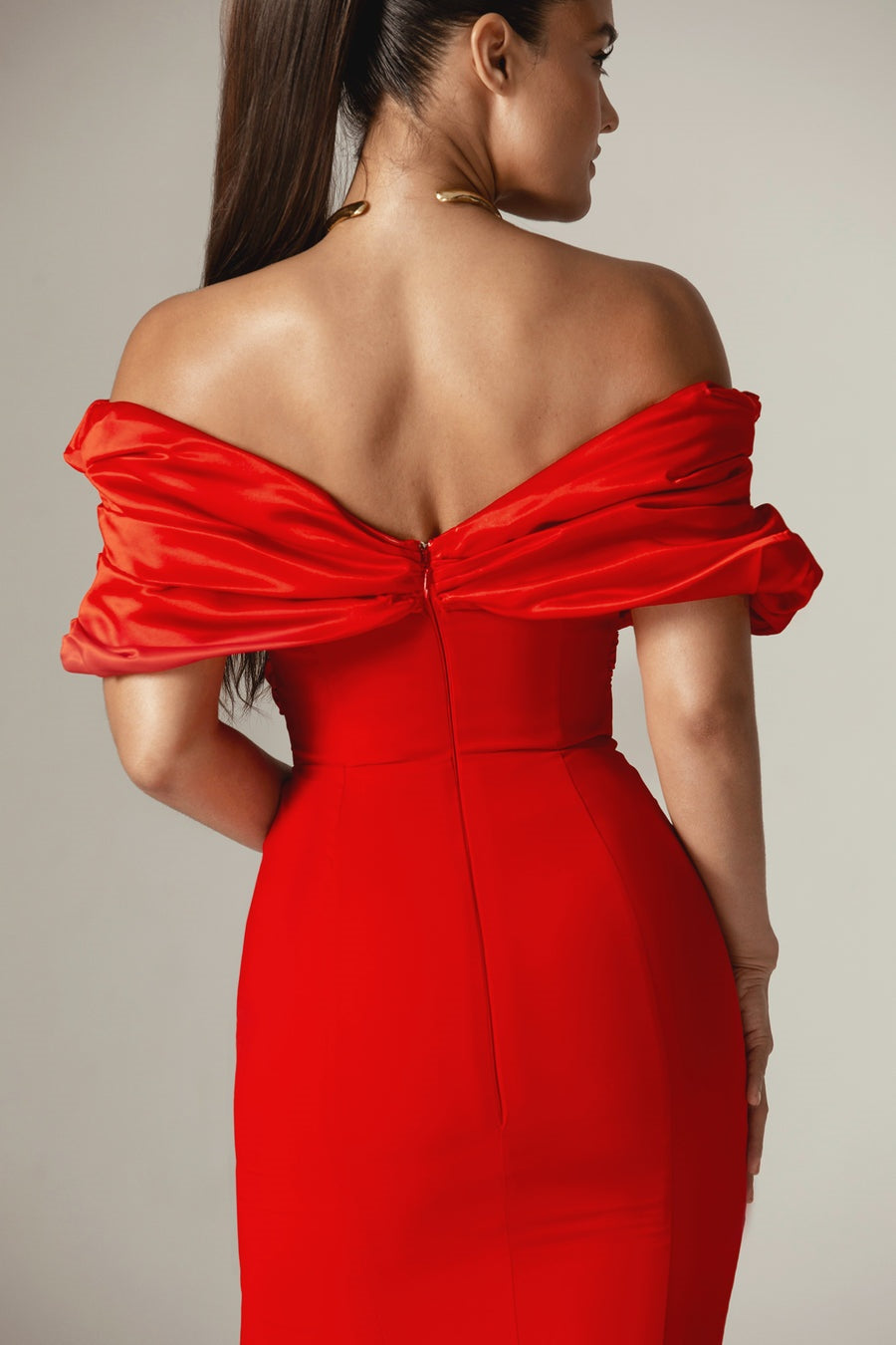 SOPHIA OFF-SHOULDER RUCHED MAXI SLIT DRESS RED