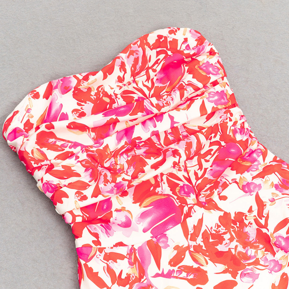 FLORAL STRAPLESS RUFFLE MIDI DRESS, RED PINK WEDDING GUEST