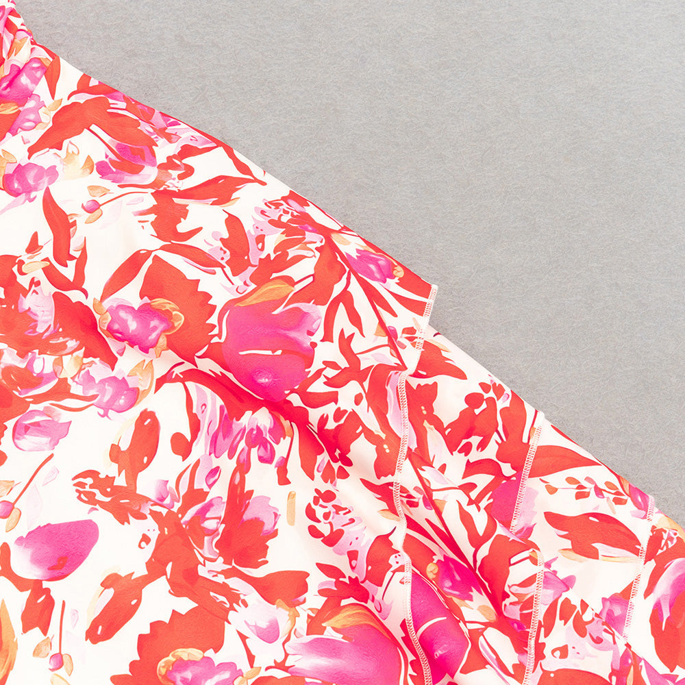 FLORAL STRAPLESS RUFFLE MIDI DRESS, RED PINK WEDDING GUEST