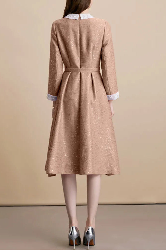 VIRGINIA TWEED SEQUIN KHAKI MIDI DRESS