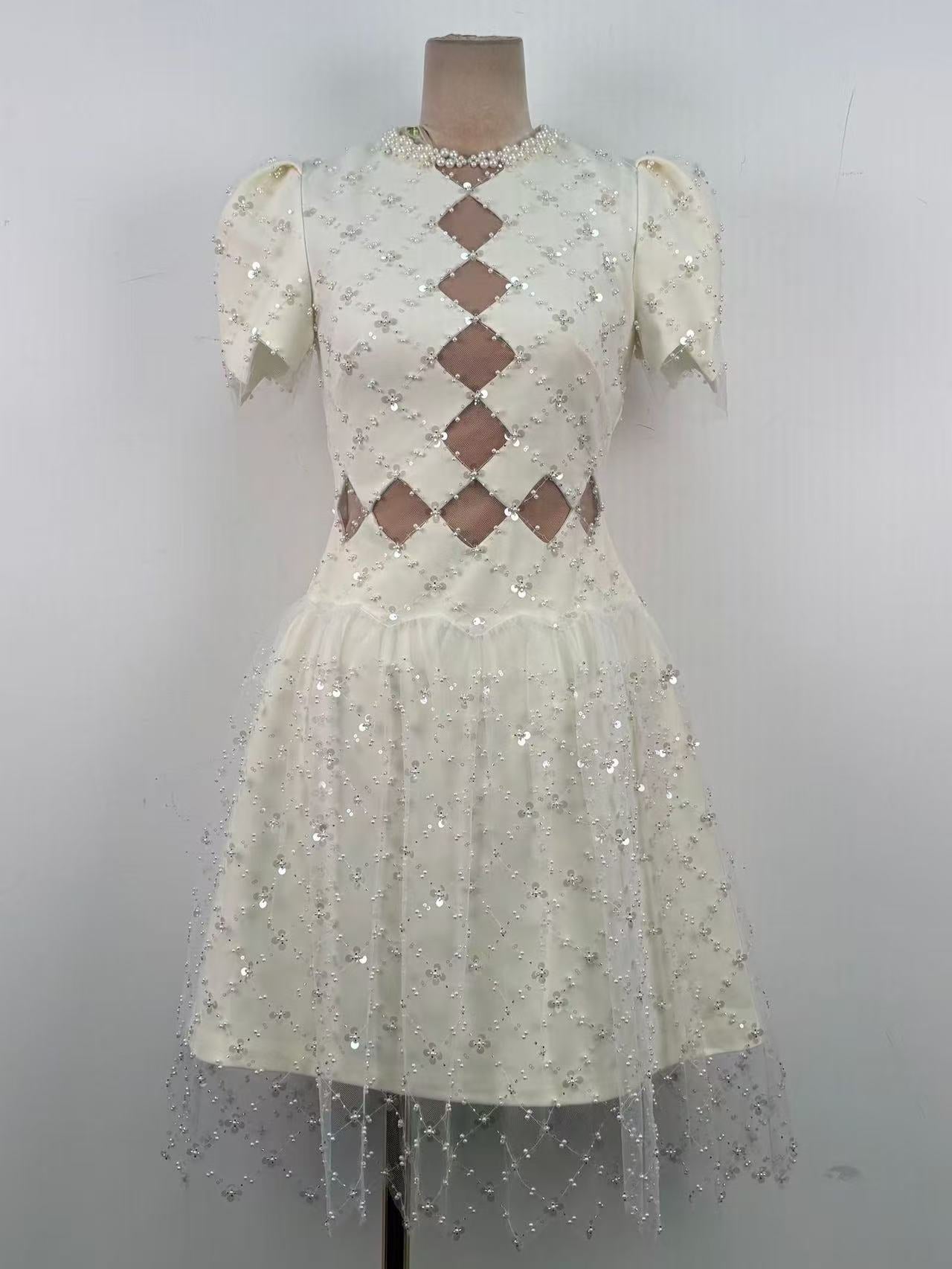 HENRIETTA IVORY SEQUIN MINI DRESS MESH PANEL