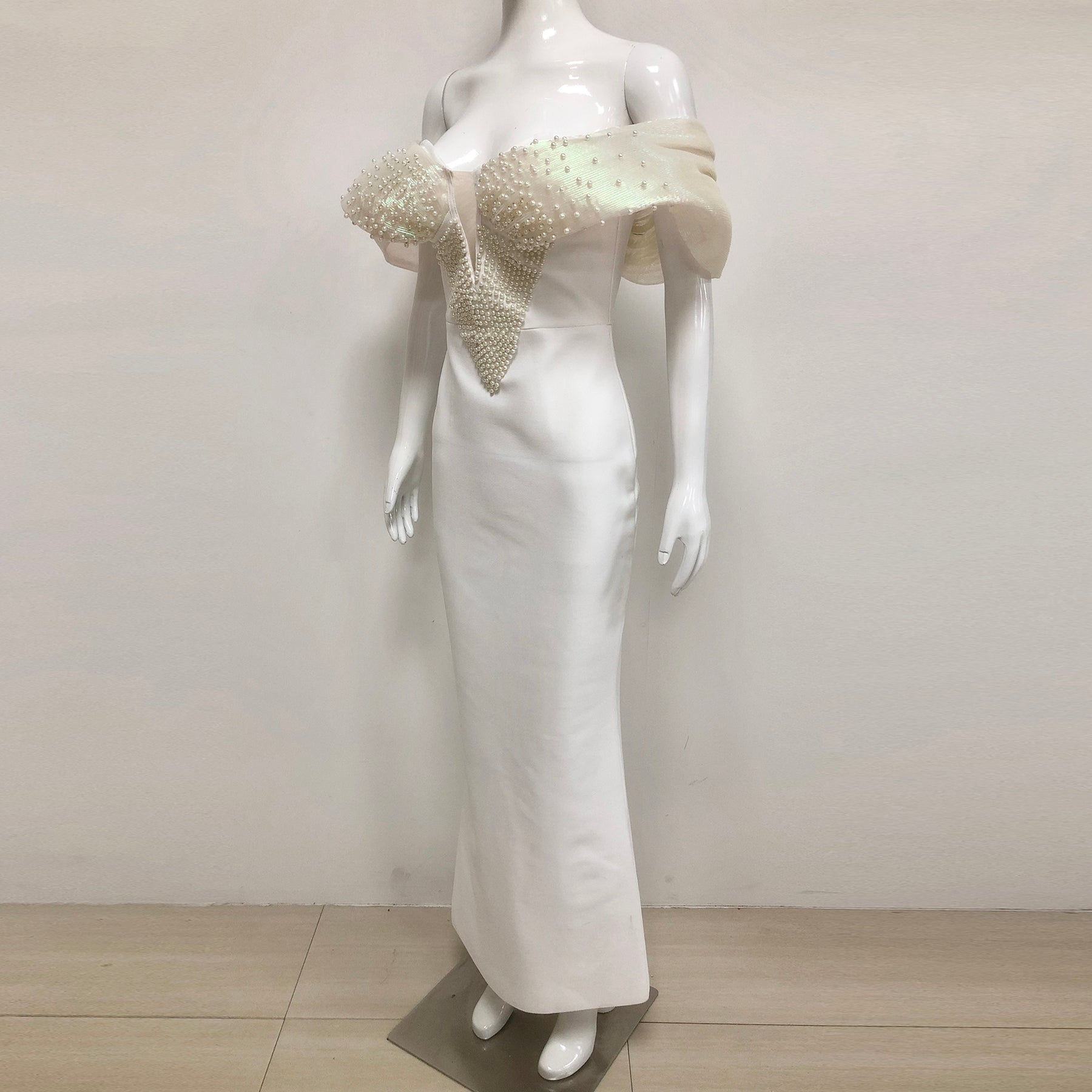 OFF-SHOULDER PEARL BODYCON MAXI DRESS WHITE