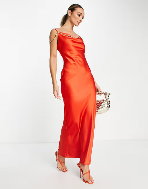 BURNT ORANGE EMBELLISHED SATIN CAMI MAXI DRESS