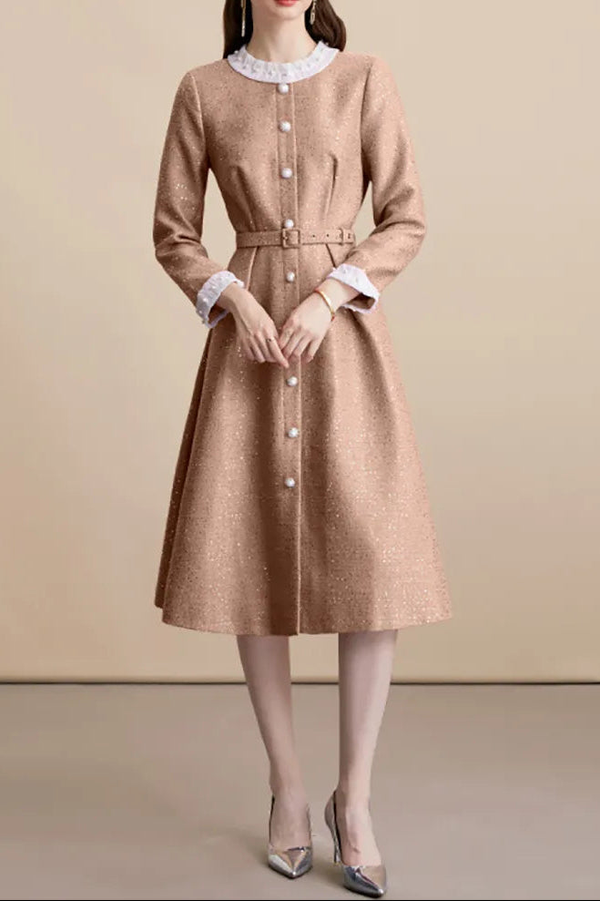 VIRGINIA TWEED SEQUIN KHAKI MIDI DRESS