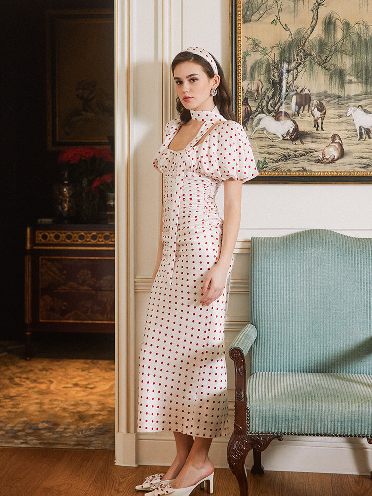 RED POLKA DOT BUBBLE SLEEVE MIDI PARTY DRESS