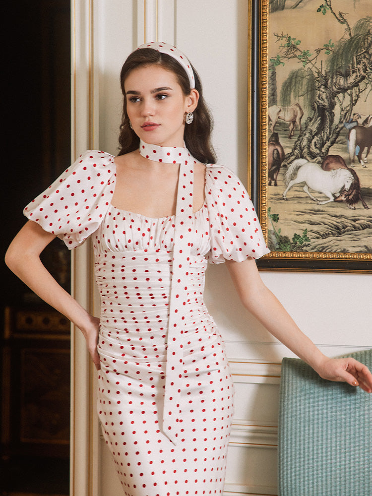 RED POLKA DOT BUBBLE SLEEVE MIDI PARTY DRESS