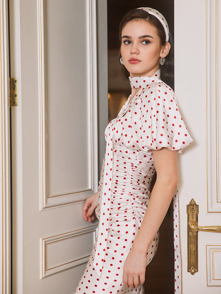 RED POLKA DOT BUBBLE SLEEVE MIDI PARTY DRESS