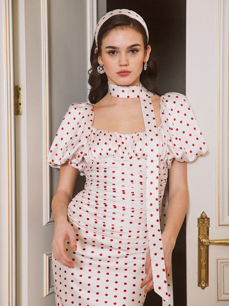 RED POLKA DOT BUBBLE SLEEVE MIDI PARTY DRESS