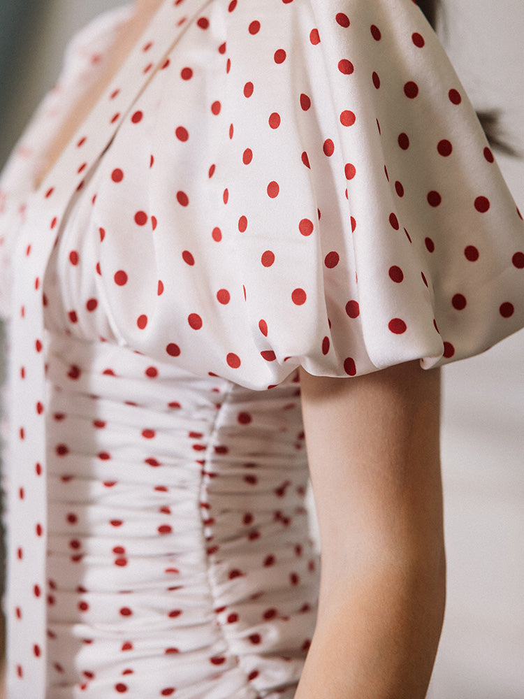 RED POLKA DOT BUBBLE SLEEVE MIDI PARTY DRESS