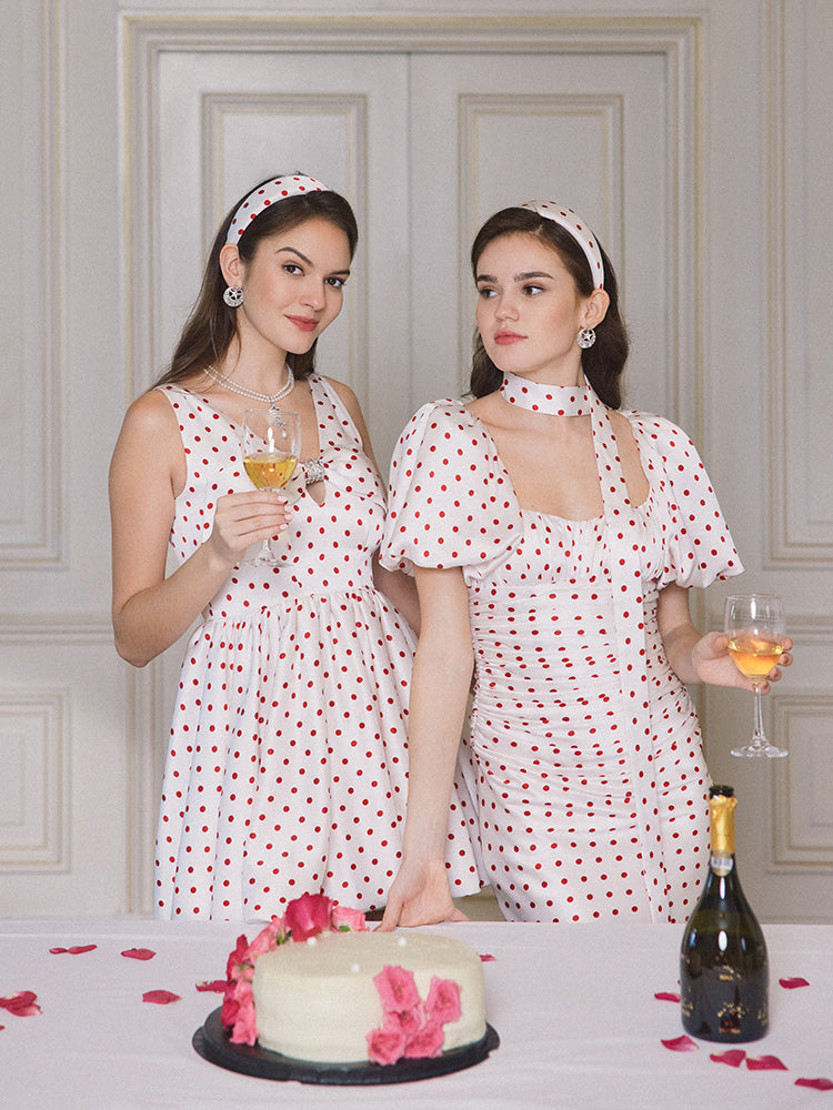 RED POLKA DOT BUBBLE SLEEVE MIDI PARTY DRESS