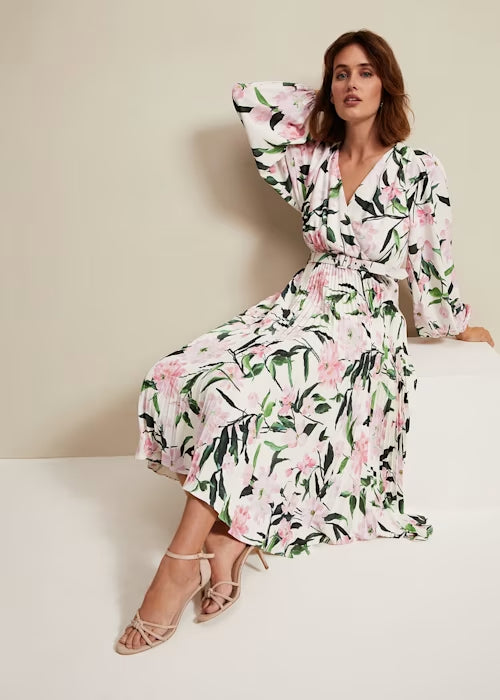 PENNY FLORAL PLEAT MIDI DRESS FOR WEDDING GUEST