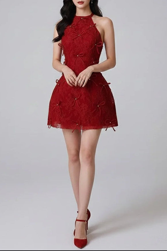0a0218f3-4462-4586-a3ec-657fcc5b0367 RED LACE HALTER BACKLESS MINI DRESS FOR PARTY