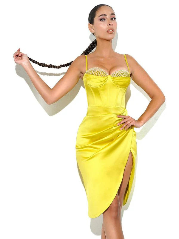 0b2b79f0-25c3-4c5b-8034-ec594f7d4e1e LEMON PLEATED SATIN MINI DRESS FOR PARTIES