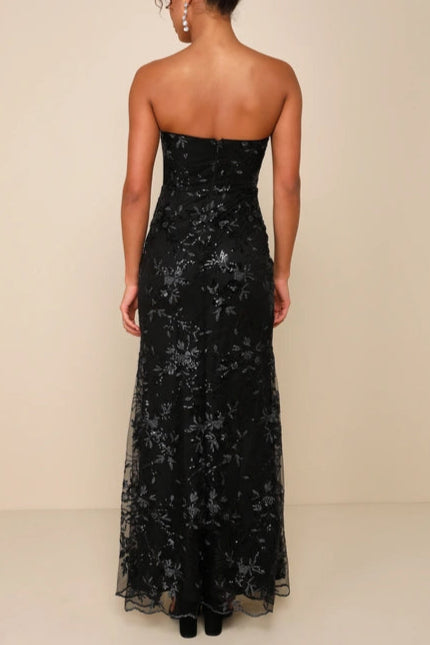 SEQUIN STRAPLESS BUSTIER MAXI DRESS BLACK