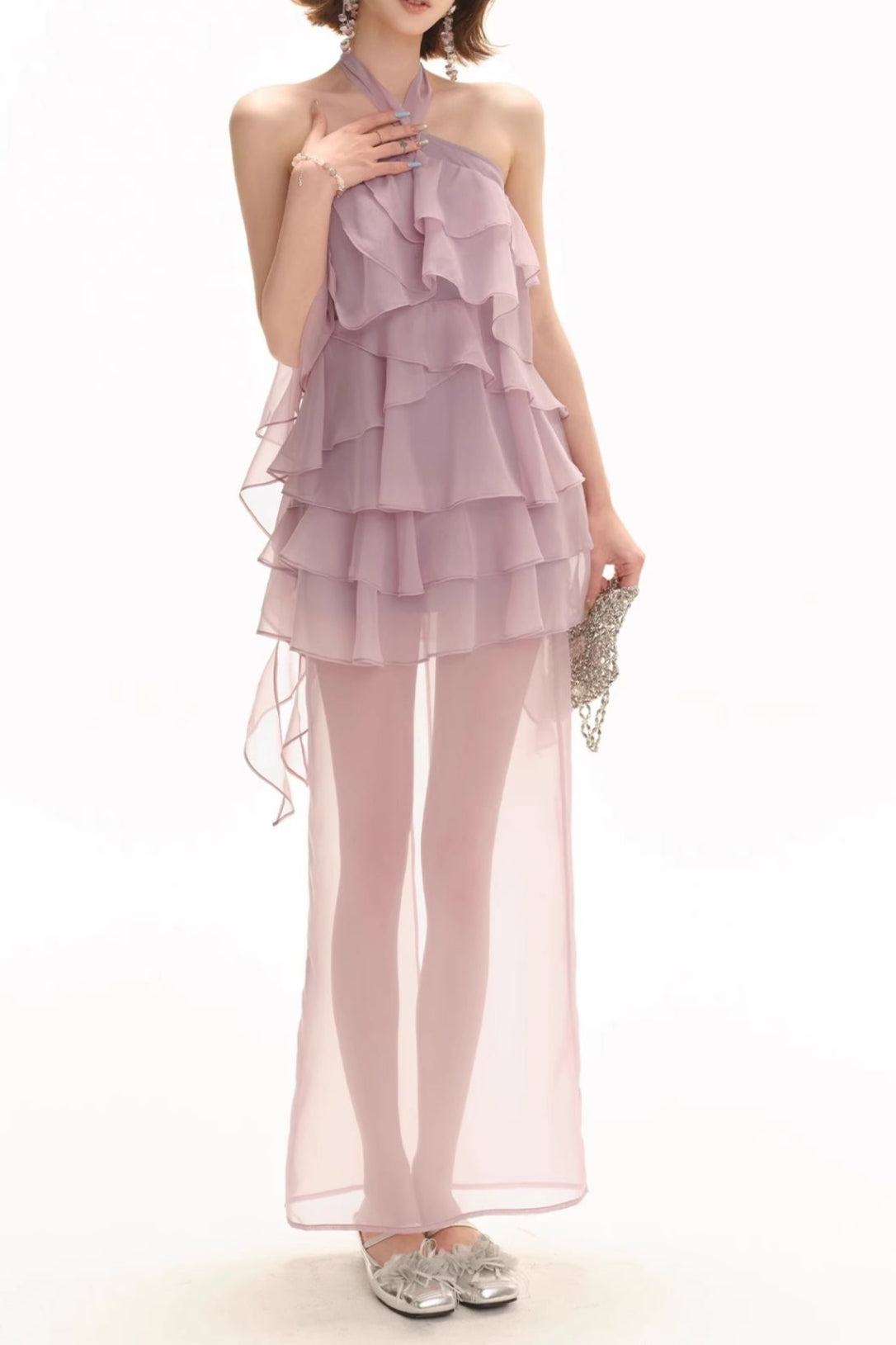 BACKLESS RUFFLE SLIT MAXI DRESS FOR EVENING IN LILAC