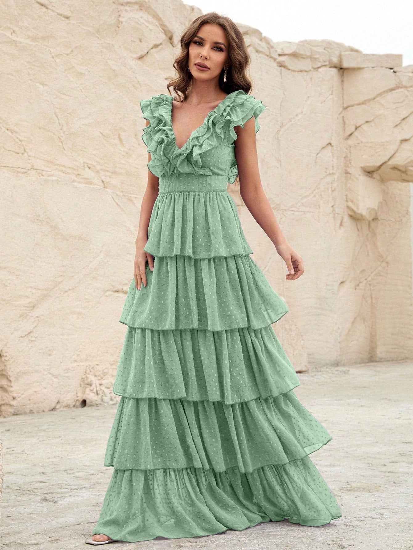 RUFFLE HEM SWISS DOT CHIFFON DRESS FOR WEDDING