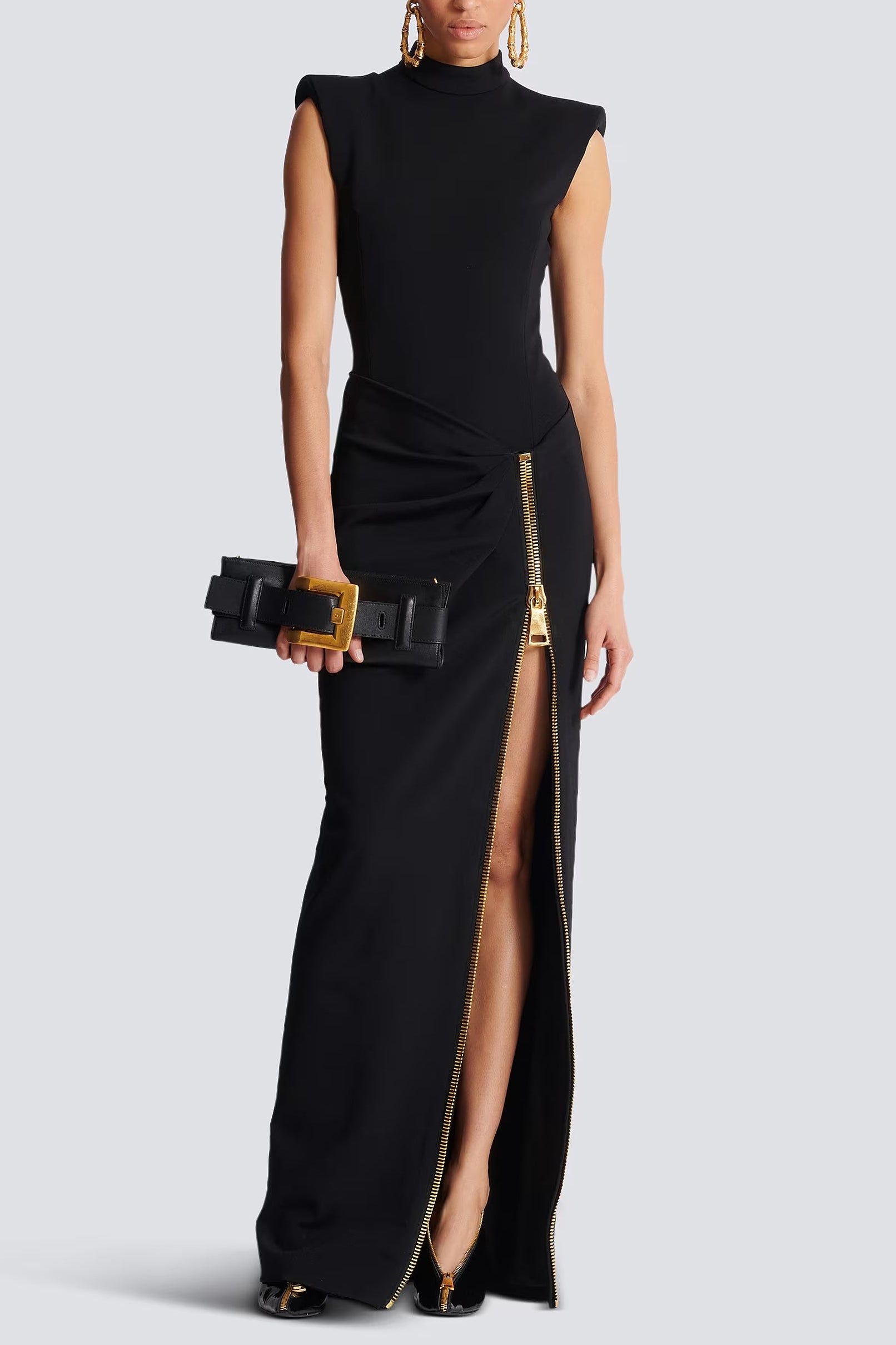 BLACK SLEEVELESS ZIPPER HIGH SLIT MAXI DRESS