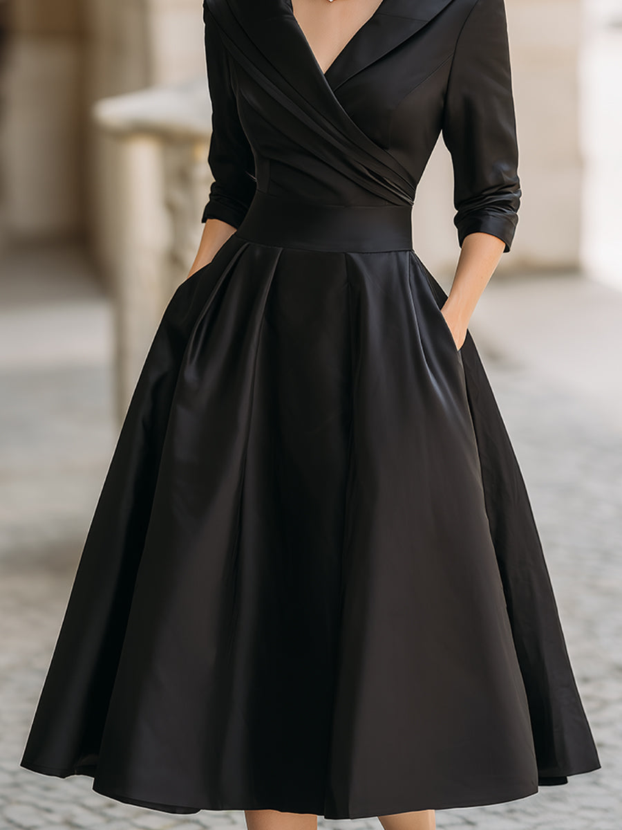 VINTAGE SATIN MIDI DRESS WITH DRAPED COLLAR