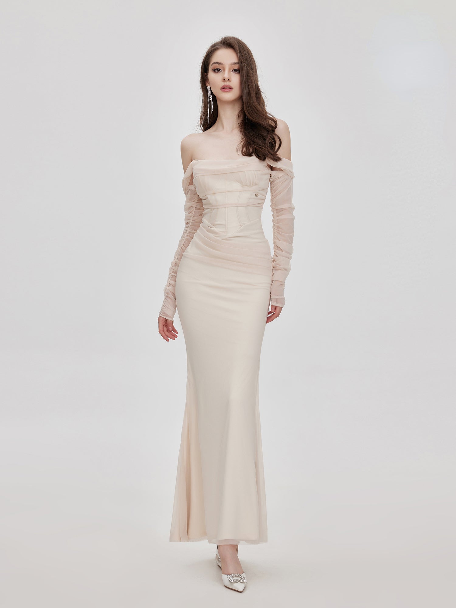 ARIEL APRICOT MESH OFF-SHOULDER MERMAID MAXI DRESS