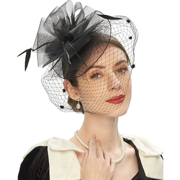 MESH COCKTAIL HAT WITH VEIL, VINTAGE WEDDING FASCINATOR