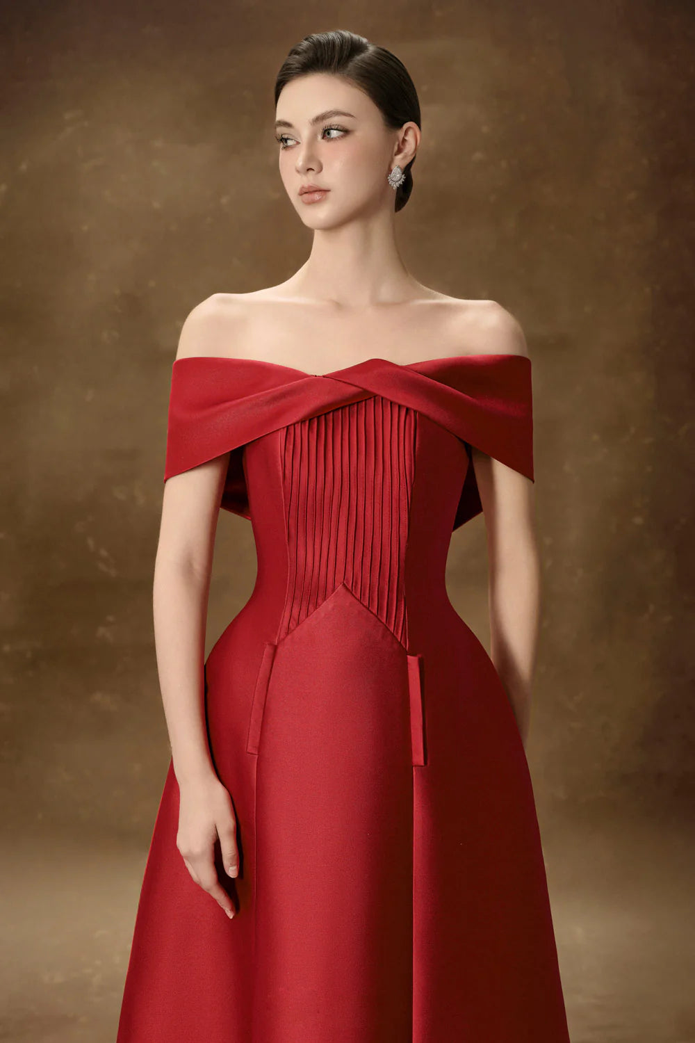 HEBERA RED A-LINE OFF-SHOULDER MIDI DRESS