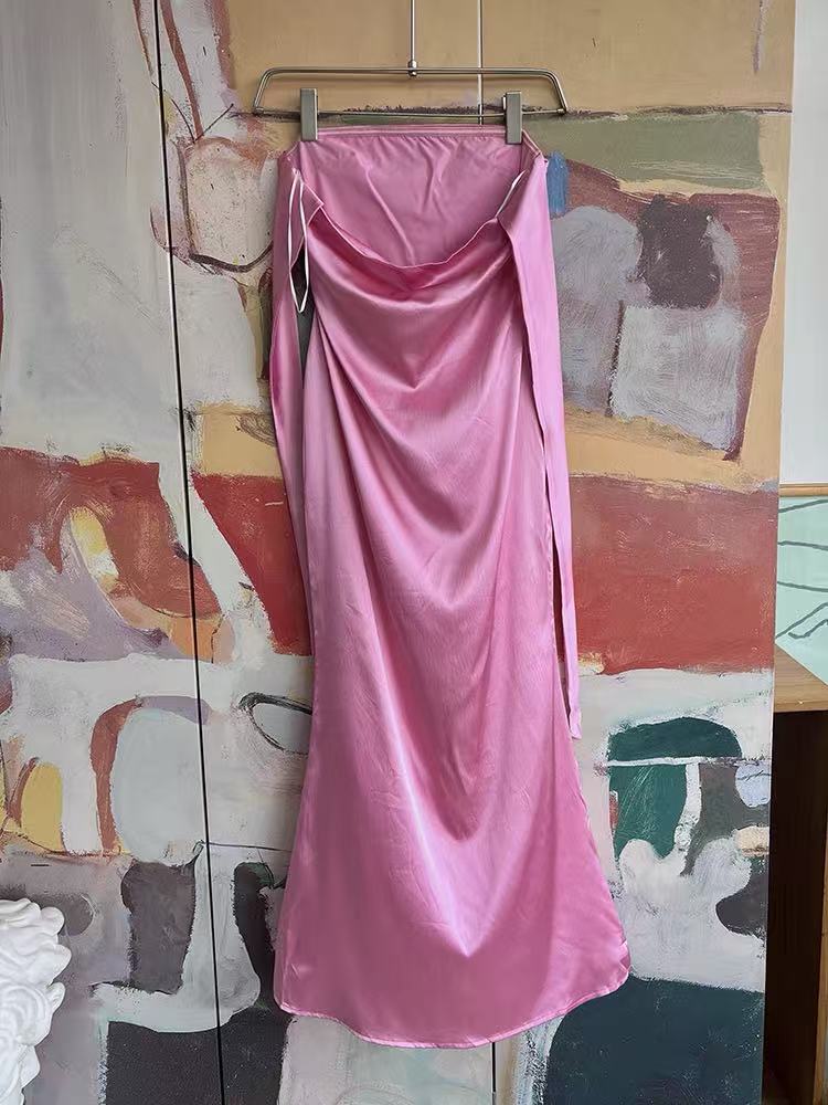 PINK SATIN HALTER MIDI DRESS WITH BACK BOW