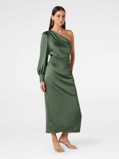 ONE-SHOULDER LONG SLEEVE MIDI DRESS GREEN