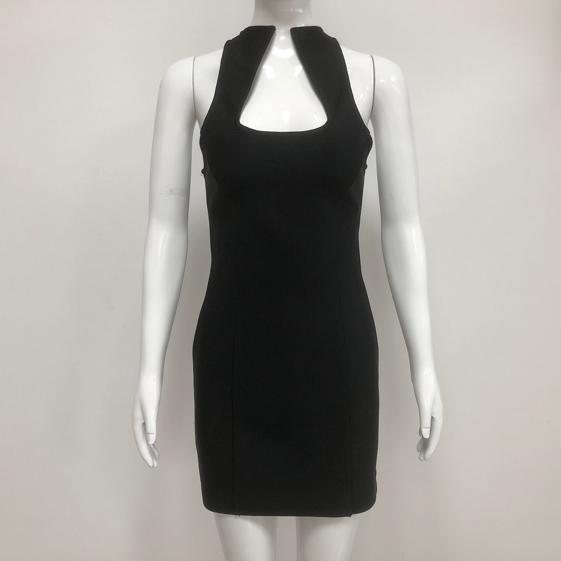 BANDAGE MINI DRESS, SLEEVELESS COLLARLESS BLACK COCKTAIL
